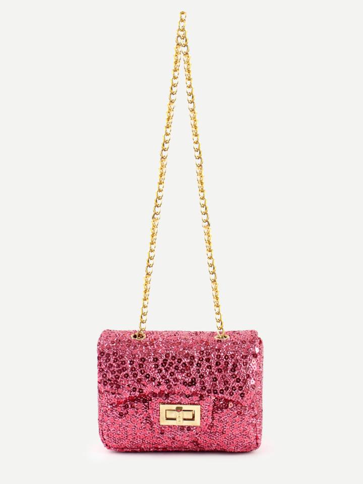 Romwe Hot Pink Sequin Flap Bag With Chain