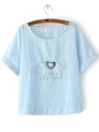 Romwe Elephant Embroidered Blue Top