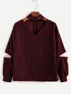 Romwe Burgundy Choker V Neck Zip Detail Corduroy Sweatshirt