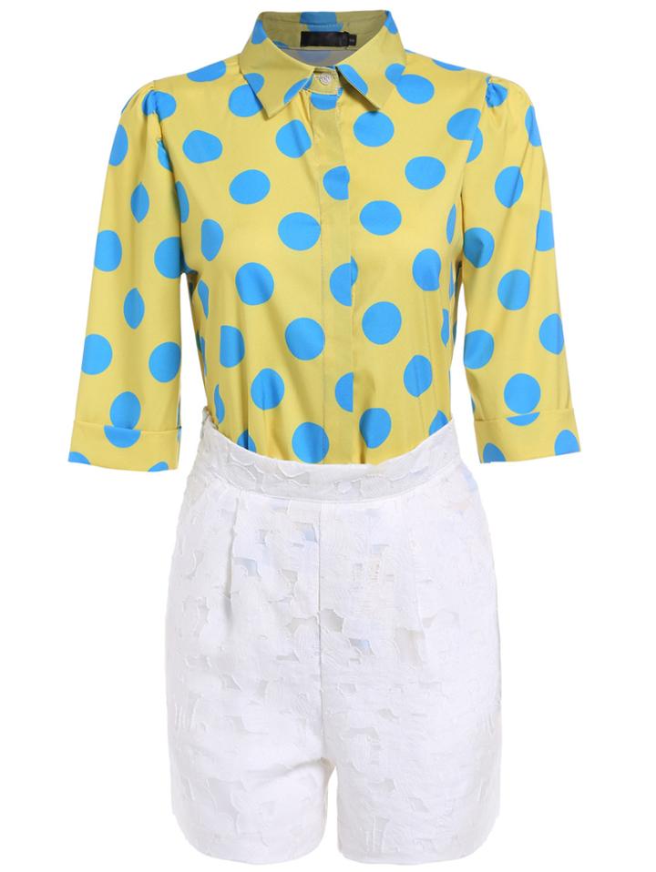 Romwe Lapel Polka Dot Top With Zipper Shorts