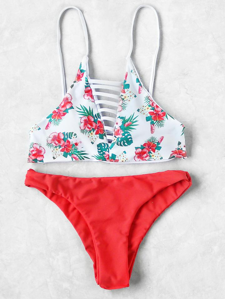 Romwe Calico Print Ladder Cutout Mix & Match Bikini Set