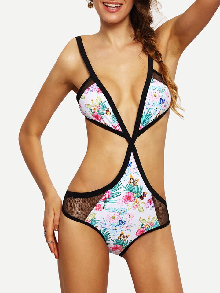 Romwe Contrast Trim Mesh Insert Flower Print Monokini
