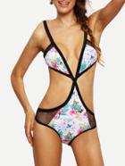 Romwe Contrast Trim Mesh Insert Flower Print Monokini