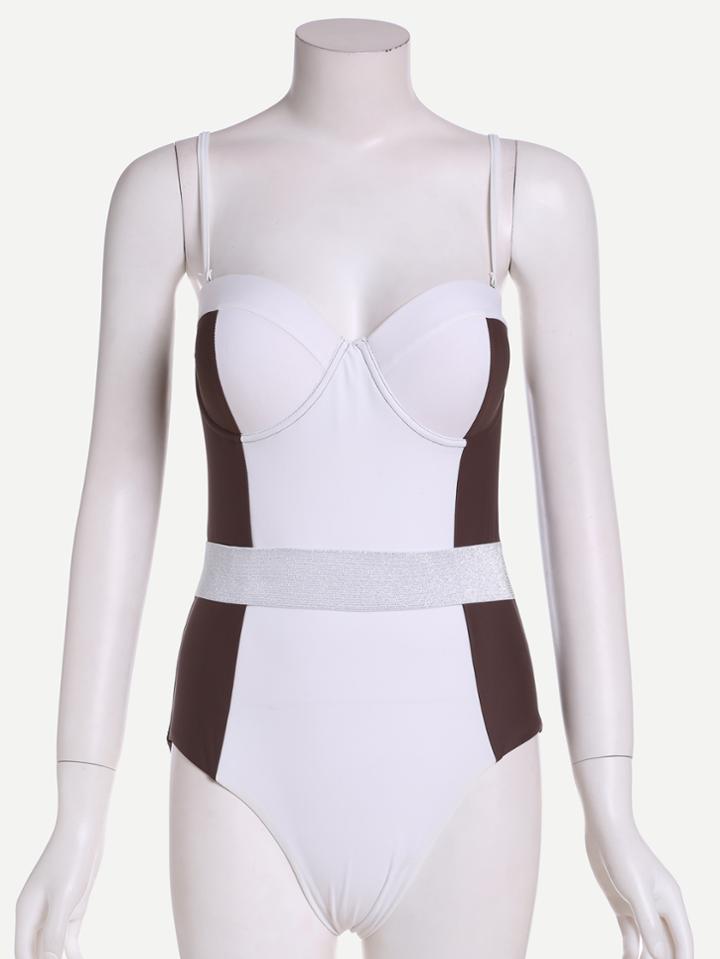 Romwe White Color Block Push Up One Piece Swimwear