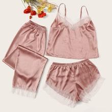 Romwe Eyelash Lace Satin Cami Pj Set With Pants