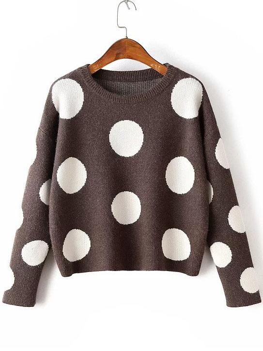 Romwe Coffee Polka Dot Drop Shoulder Knitwear