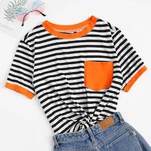 Romwe Neon Orange Patch Pocket Striped Ringer Tee