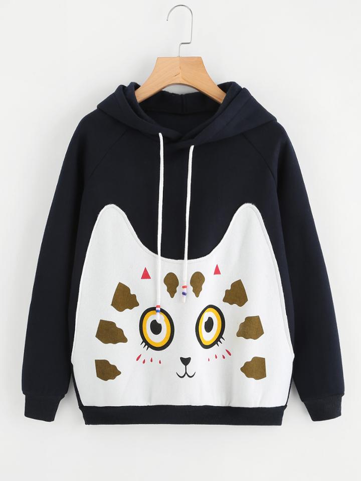Romwe Cat Print Applique Hoodie