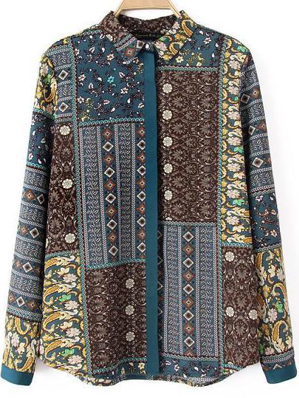 Romwe Navy Lapel Long Sleeve Vintage Floral Blouse
