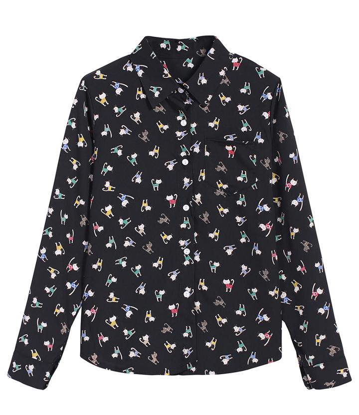 Romwe Cats Print Loose Black Blouse