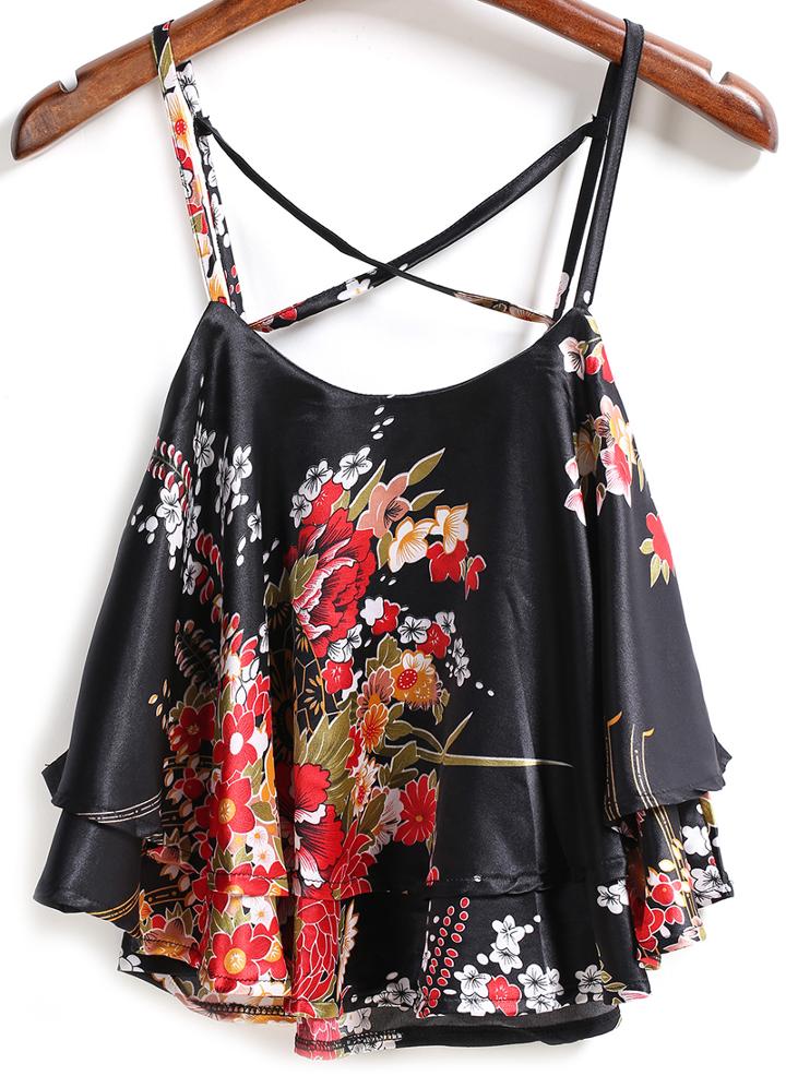 Romwe Spaghetti Strap Florals Black Cami Top