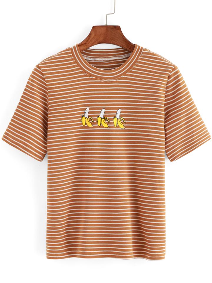 Romwe Striped Banana Print Khaki T-shirt