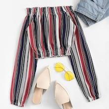 Romwe Off Shoulder Frill Trim Striped Blouse