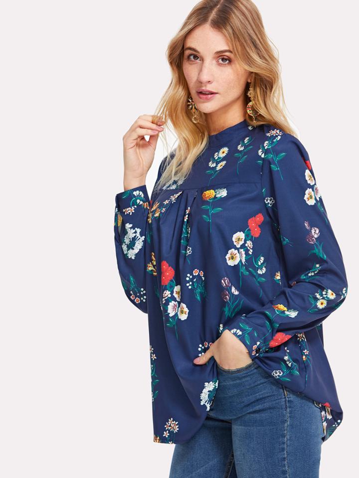 Romwe Mock Neck Pleated Front Floral Top