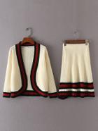 Romwe Striped Trim Open Front Cardigan And Skirt Set