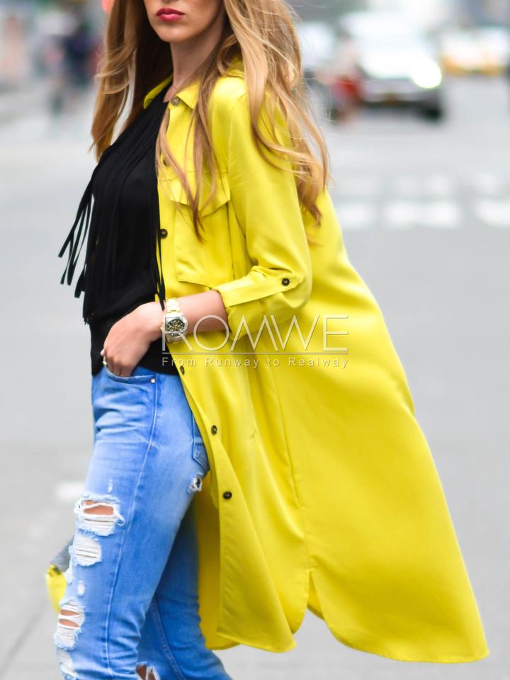 Romwe Yellow Long Sleeve Lapel Trench Coat