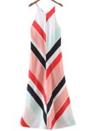 Romwe Multicolor Stripe Backless Spaghetti Strap Maxi Dress
