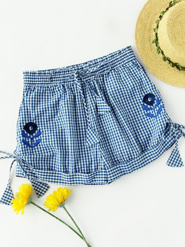 Romwe Flower Embroidered Self Tie Cuffed Gingham Shorts