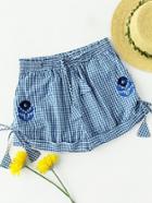 Romwe Flower Embroidered Self Tie Cuffed Gingham Shorts
