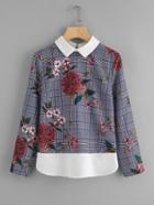 Romwe Contrast Collar And Hem Floral Plaid Top