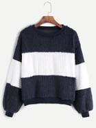 Romwe Navy Contrast Drop Shoulder Sweatshirt