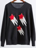 Romwe Black Star Pattern Round Neck Ribbed Trim Sweater