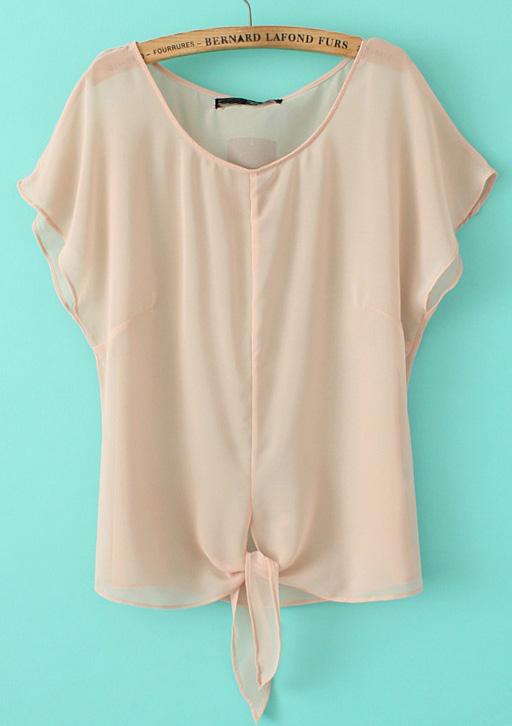 Romwe V Neck Batwing Knotted Apricot Blouse