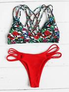 Romwe Floral Caged Back Mix And Match Bikini Set
