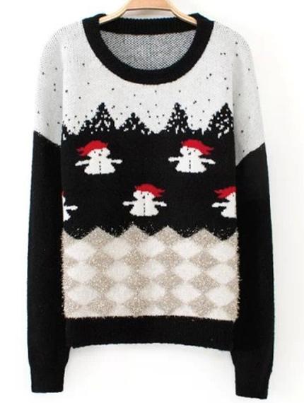 Romwe Snowman Print Knit Black Sweater