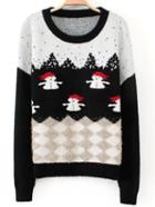 Romwe Snowman Print Knit Black Sweater