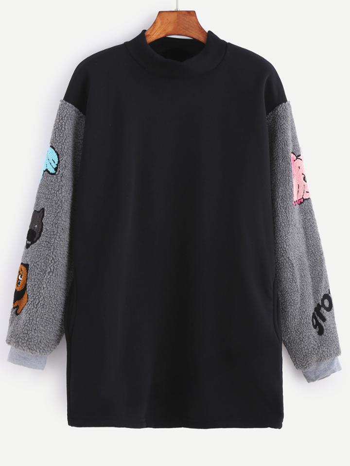 Romwe Black Contrast Cartoon Patches Sherpa Sleeve Sweatshirt