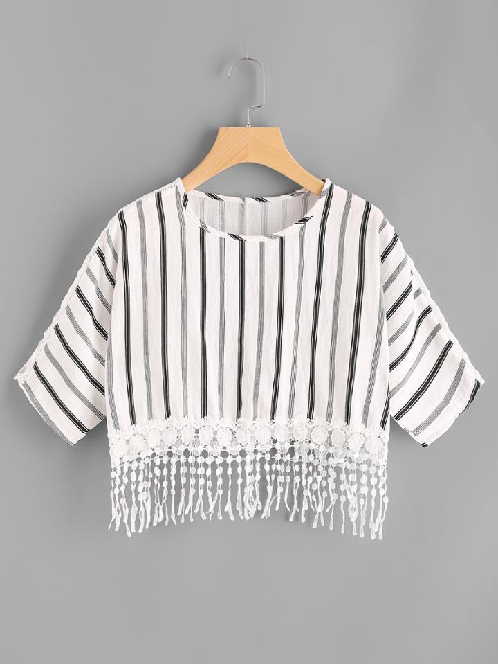 Romwe Striped Lace Tassel Hem Tee