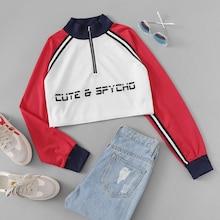 Romwe Zipper Front Letter Print Crop Sweatshirt