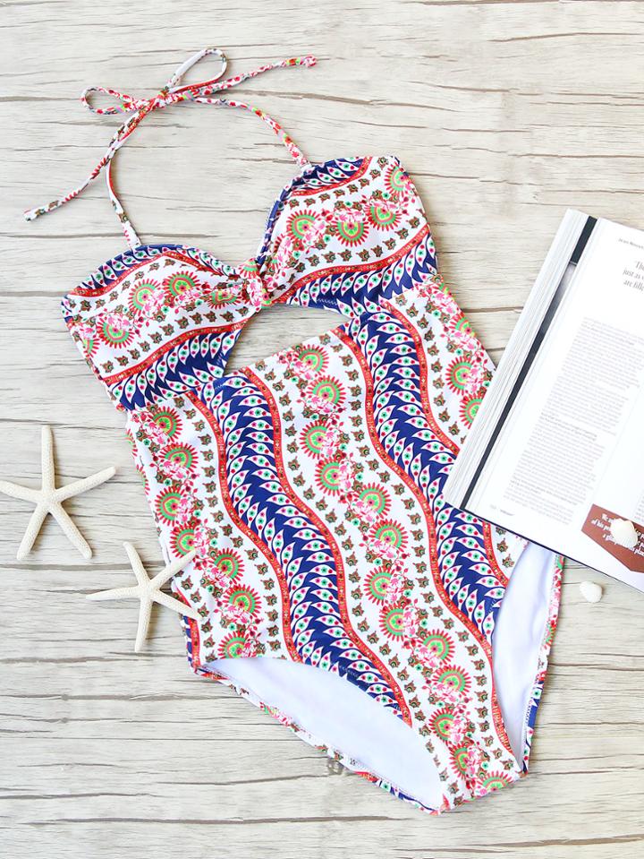 Romwe Multicolor Printed Cutout Halter One-piece Swimwear