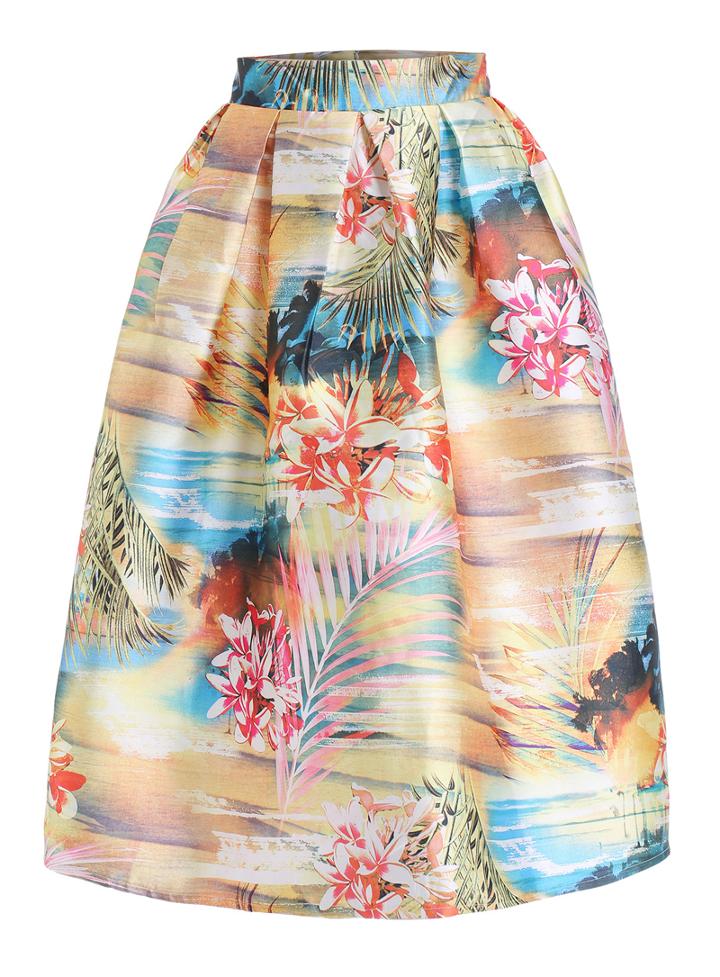 Romwe Florals Flare Midi Skirt