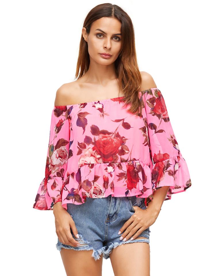Romwe Peach Red Floral Off The Shoulder Blouse