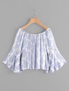 Romwe Crochet Insert Bell Sleeve Vintage Print Top
