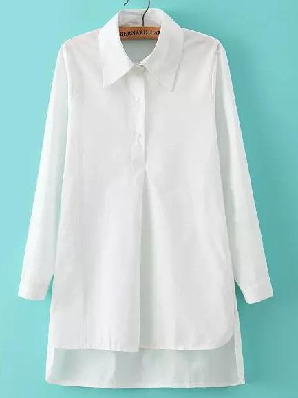 Romwe White Lapel Long Sleeve Dip Hem Blouse