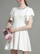 Romwe White Ruffle Sleeve Beading A-line Dress