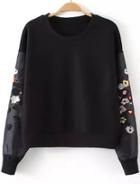 Romwe Contrast Organza Sleeve Embroidered Black T-shirt