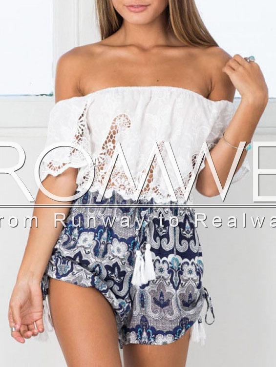 Romwe Off The Shoulder Crochet Vintage Print Romper