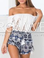 Romwe Off The Shoulder Crochet Vintage Print Romper