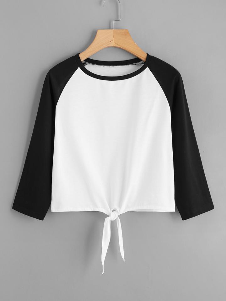 Romwe Contrast Sleeve Knot Front Tee