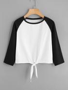 Romwe Contrast Sleeve Knot Front Tee