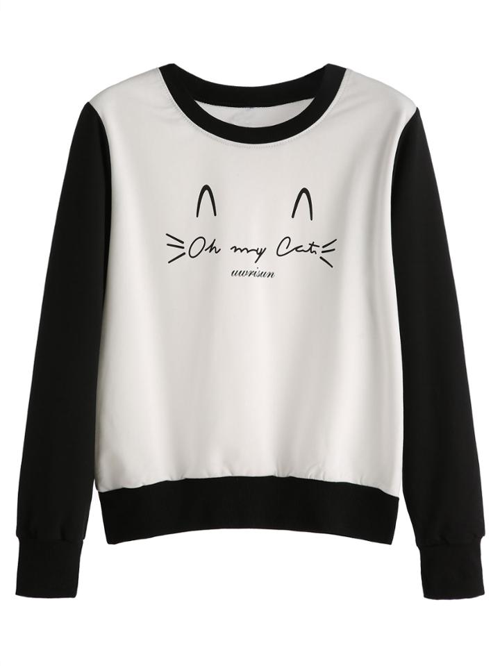 Romwe Black And White Letter Print Sweatshirt