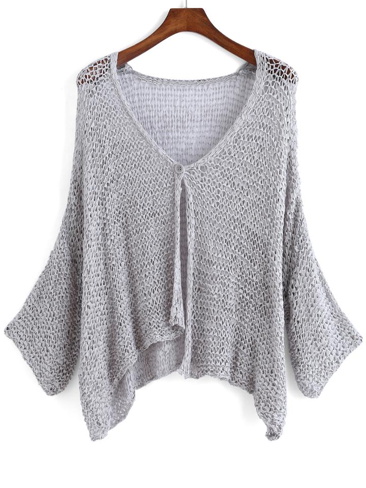 Romwe Grey V Neck Long Sleeve Knit Cardigan