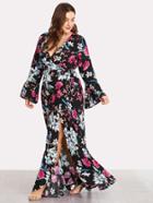 Romwe Fluted Sleeve Tie Side Floral Print Dress