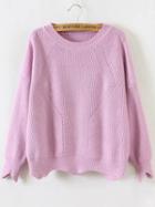 Romwe Pink Round Neck Asymmetrical Trim Sweater