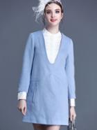 Romwe Blue Round Neck Long Sleeve Two Pieces Pockets Dress
