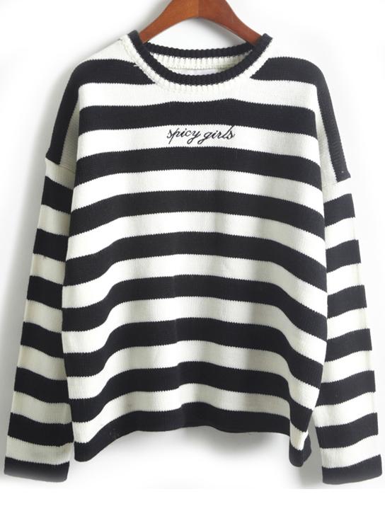 Romwe Embroidered Striped Black Sweater